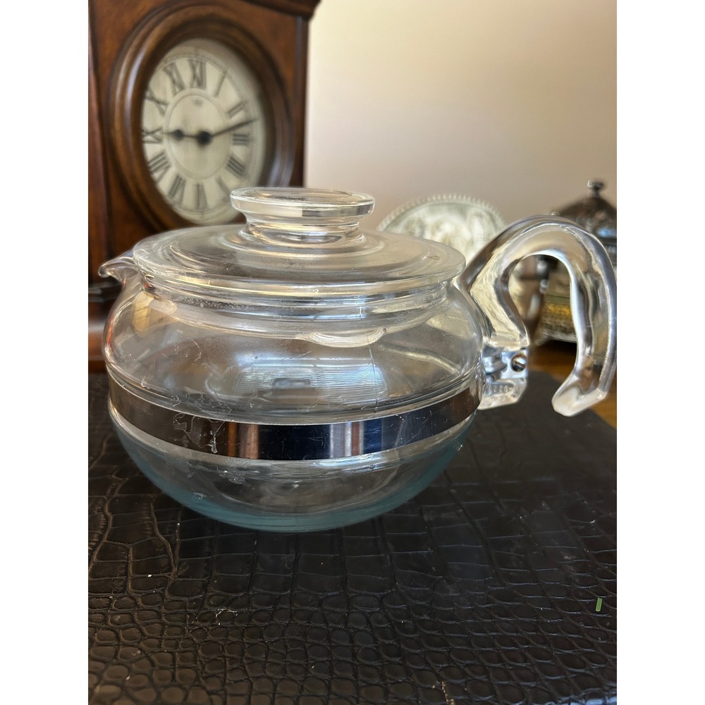 Vintage Pyrex Glass Teapot with Lid and Stainless Steel Band Clear Handle MCM